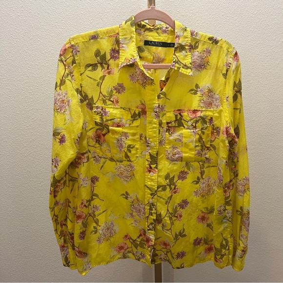 Lauren Ralph Lauren Yellow Floral Print Button Down Shirt Large - Picture 2 of 7